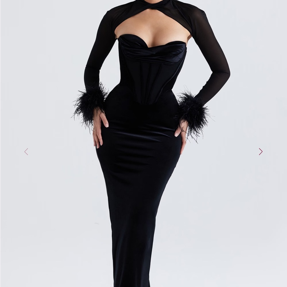 House of CB- Thalia-Black Long Sleeve Dress with Feather Cuffs